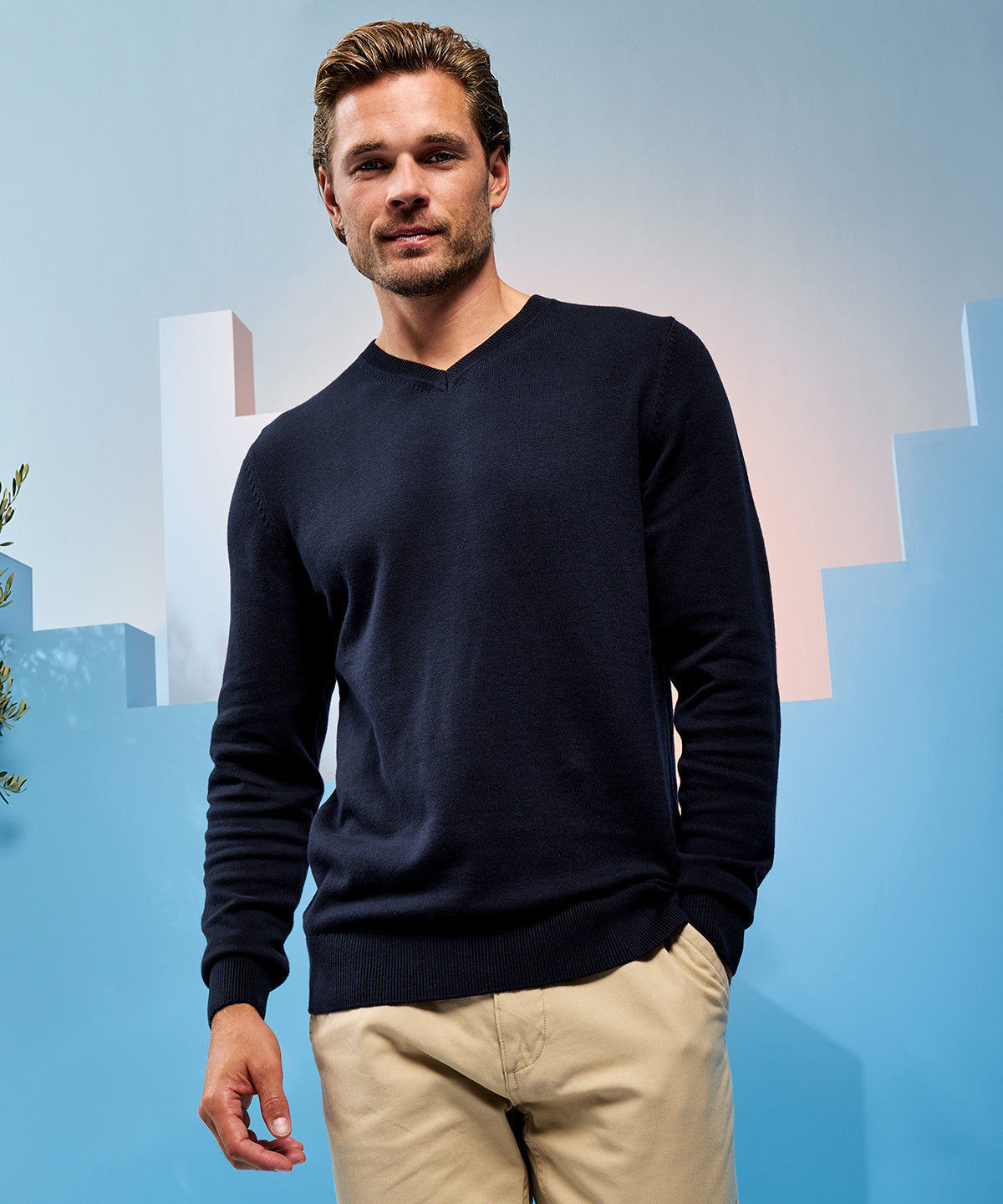 Pull col V homme en coton mélangé